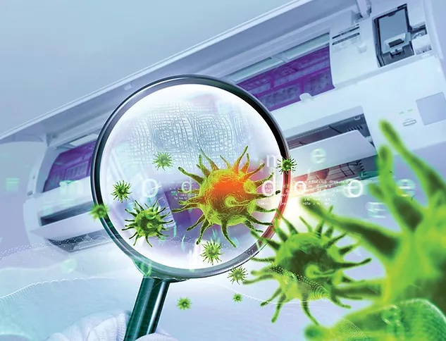 A magnifying glass shows the microbes in the air that are being zapped by the air purification system.