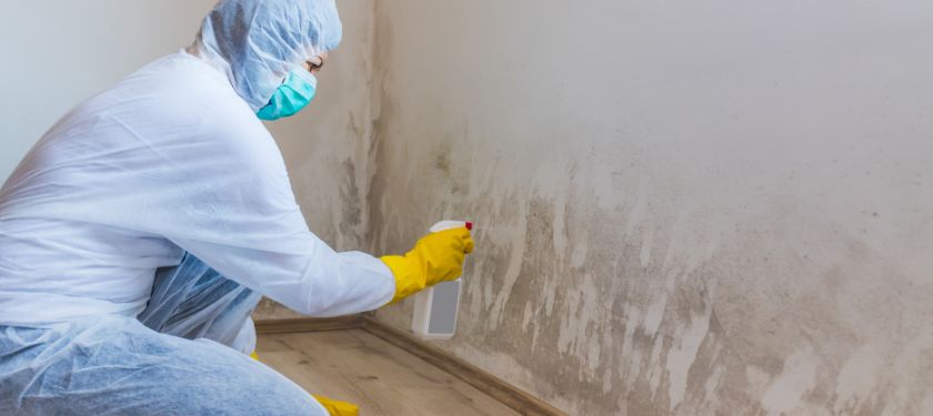 Woman removes mold from wall using spray bottle with mold remediation chemicals